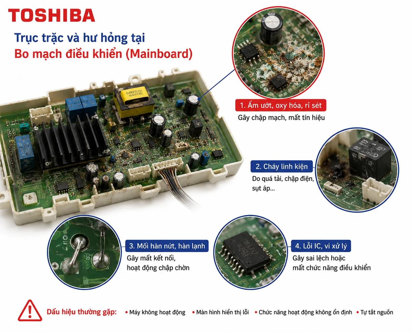 Trục trặc và hư hỏng tại bộ phận Bo mạch điều khiển (Mainboard)